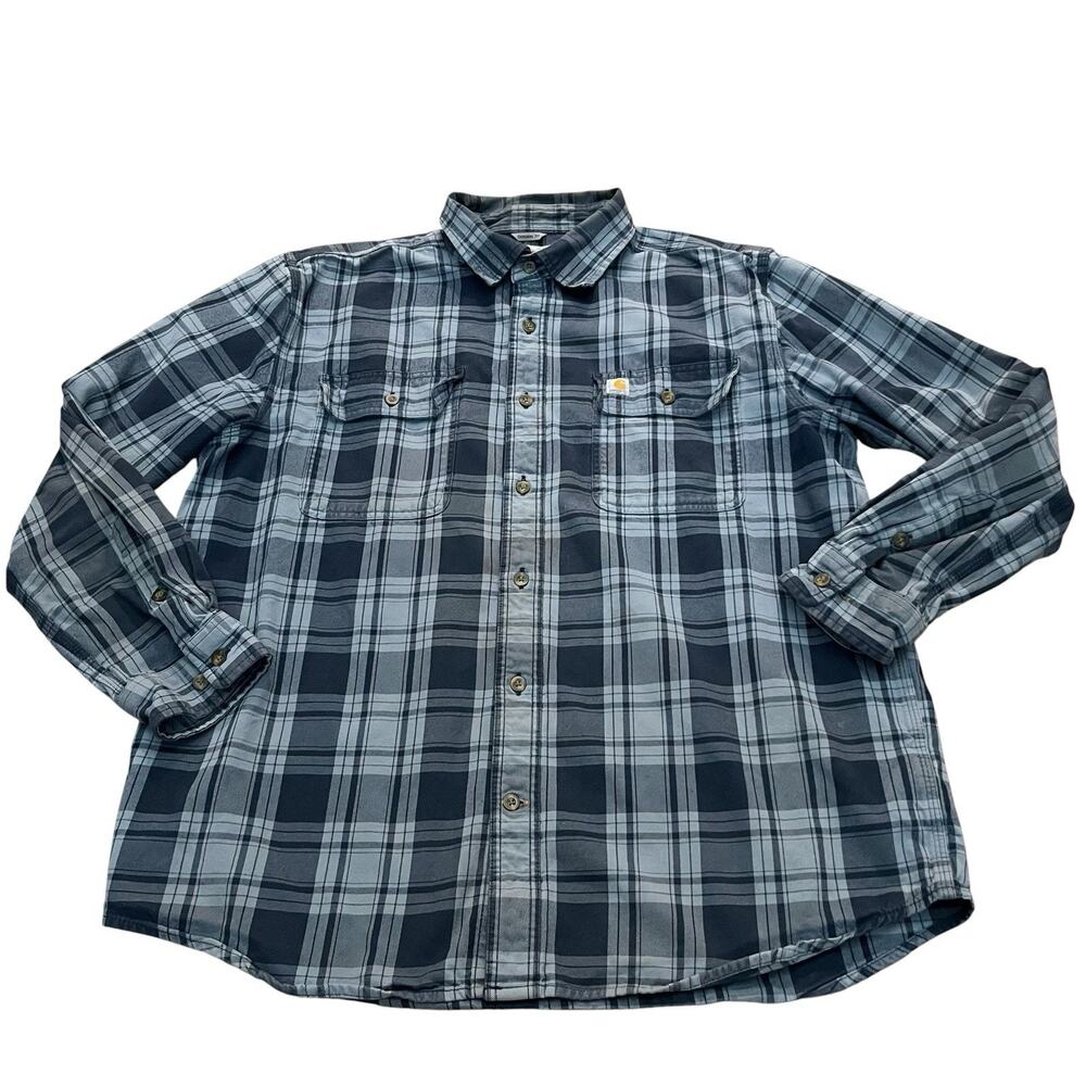 Carhartt Hubbard Plaid Flannel Shirt Large Blue Heavyweight Button Down Workwear